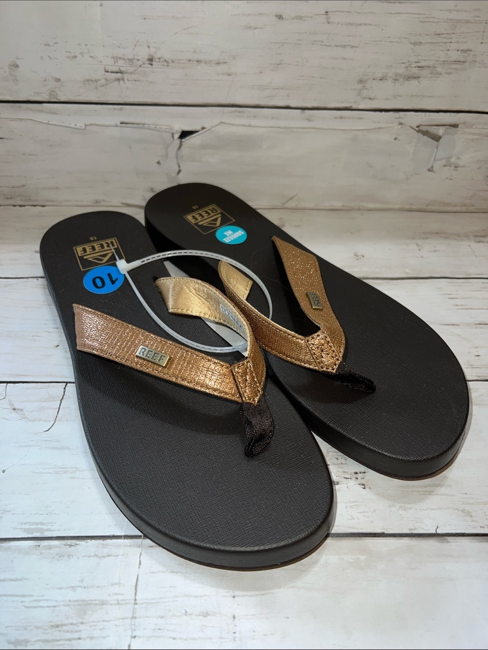 Reef Metallic Bronze Strap Brown Footbed Flip Flops Size 10